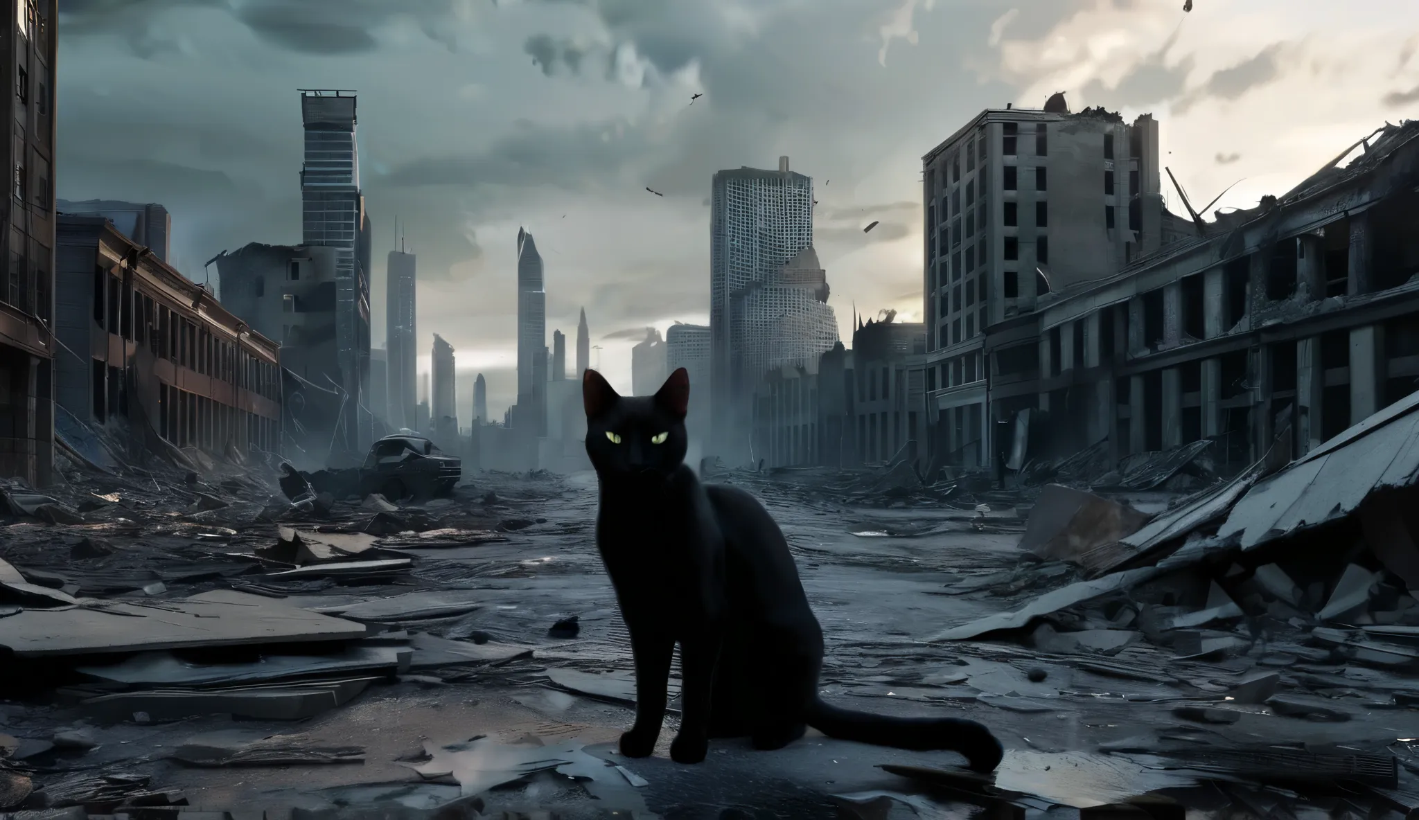 A black cat standing in a collapsed city