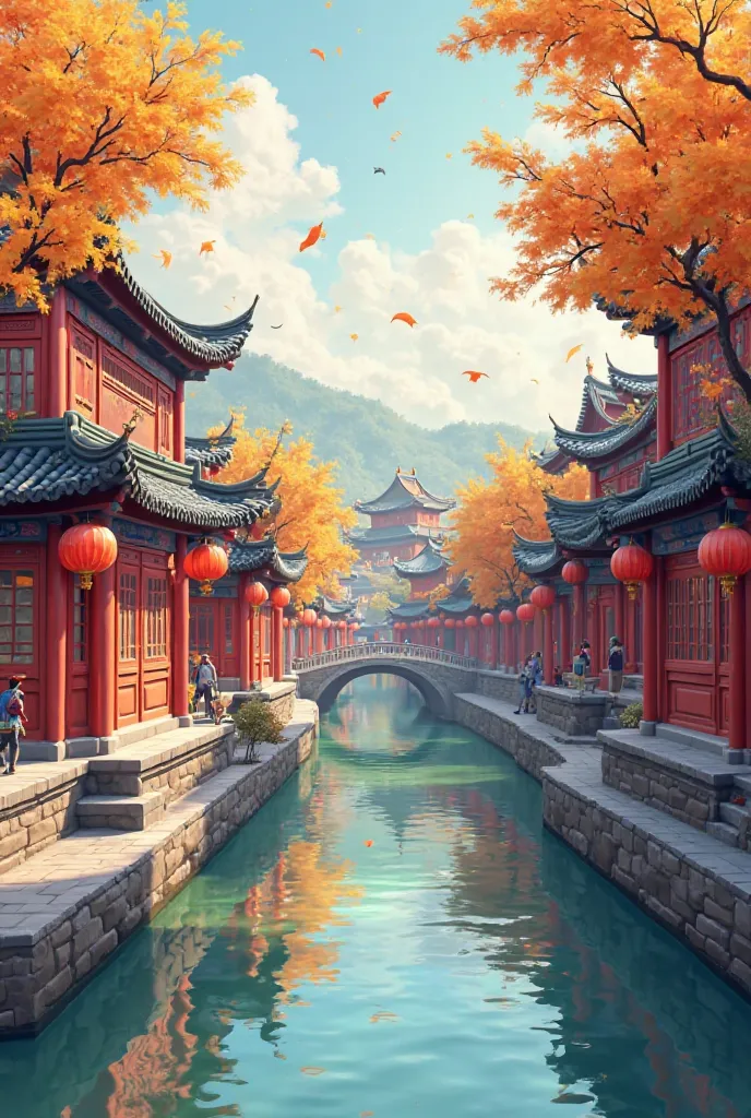 a cartoon illustration of a CG scene of the bustling ancient city of Beijing，I want to overlook，There must be a canal that doesn't account for much of the scene，The color should be warm，The colors should be light，The building must be exquisite and clear