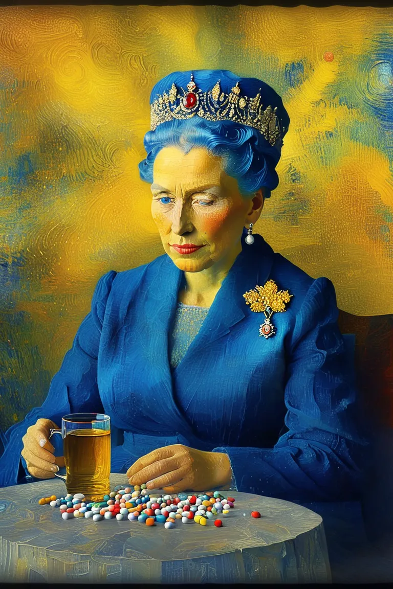 "the queen of england, vincent van gogh, the history of art, from the complex to the simple and most basic shapes, pills, cup, river, consciousness, peace, relaxed, rtx lighting, cgi, very detailed illustration by visionary artist alex gray, dali, leonardo...