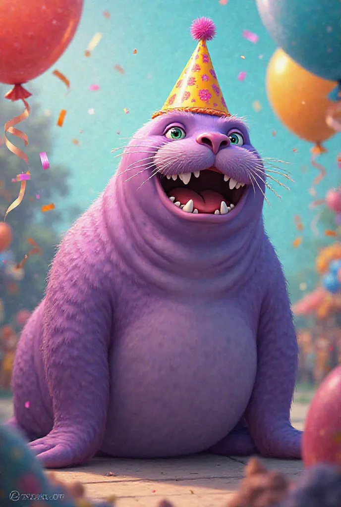 A purple walrus in a hat celebrates his birthday