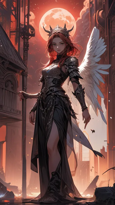 ((Highest quality)), (composition showing the whole body),(Angel Girl with 4 Arms),(Three Wings in Jet Black),(Rear Ring of an Angel Shining Behind the Girl's Head),(Girl in Pure Silver Armor),(Mr.々Decorative Armor with a Mysterious Metal Engraved),(Armor ...