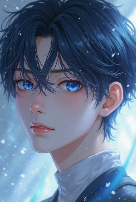 17-year-old man with fine features, angelicales black-haired,  milky skin, blue eyes. Anime Style