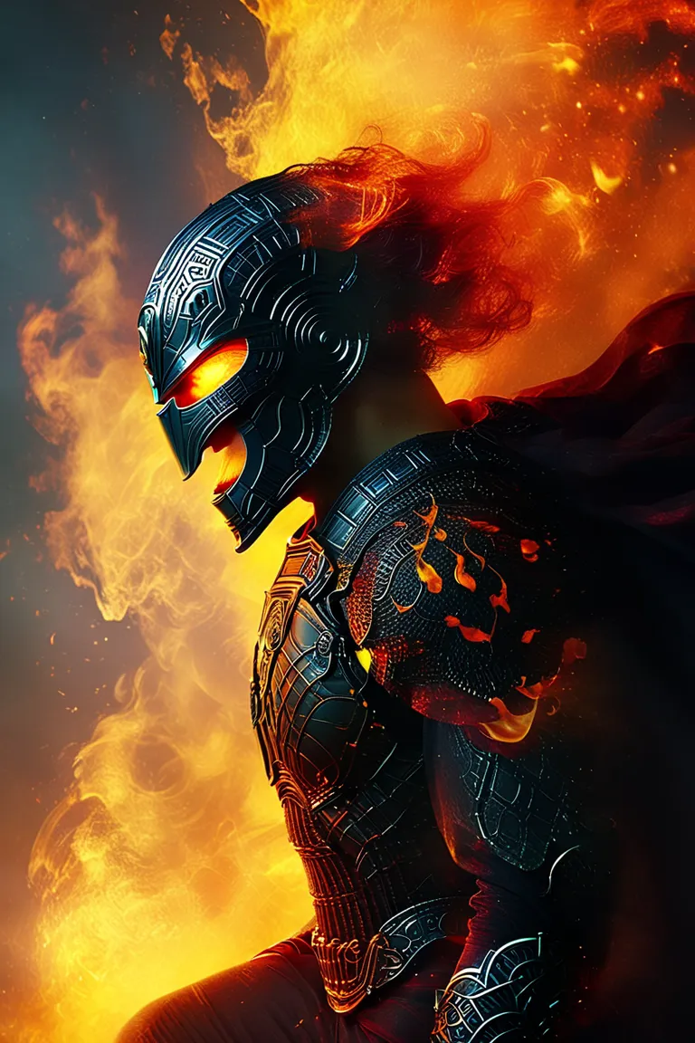 close up of a person wearing a costume, firestorm, detailed cinematic photography, ares, shot on sony a 7 iii, highly detailed character design, phoenix flames, metabaron, mysterio, fiery bird, moviestill, by Viktor Oliva, large metal jaw