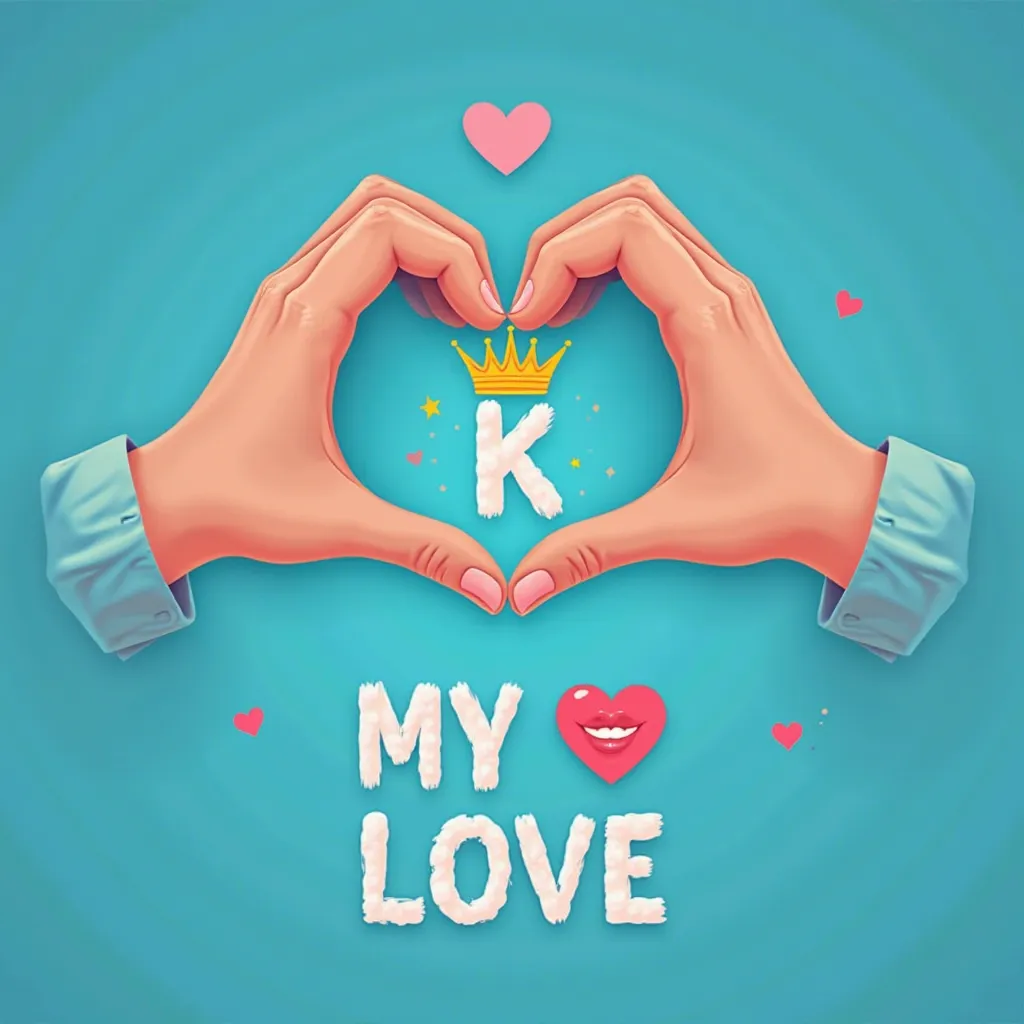 Create a romantic digital artwork featuring two hands forming a heart shape against a vibrant blue background. Incorporate the letter 'K' adorned with a crown at the center of the heart. Below, include the text 'MY ❤️ LOVE' in a playful font, with a winkin...