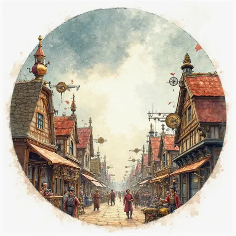 Water color, old town, steampunk, absolute circle. 