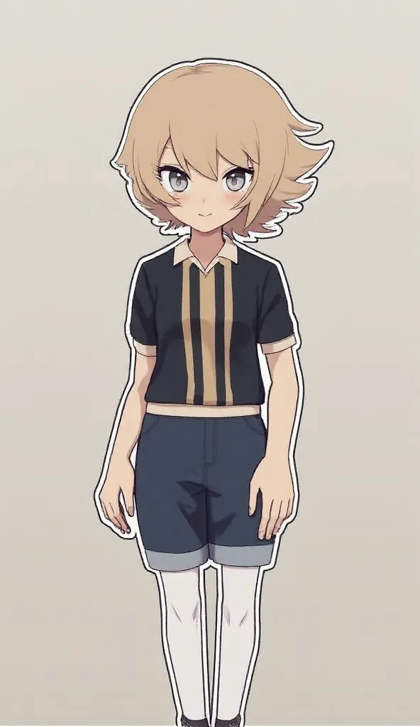   girl 12 age old, short beige hair directed to the left with a messy fringe directed to the left. Indifferent expression and superiority. of tanned skin. silver eyes. standing in front. Simple anime style . Wear a dark-colored polo sweater with vertical s...