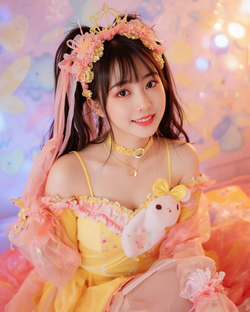 Generate an image of a Malaysian Malay girl, aged 20-27, with a chic and stylish vibe, radiating cuteness and confidence. She has a warm, charming smile and expressive eyes. She is cosplaying as an anime character, wearing a vibrant and well-detailed costu...