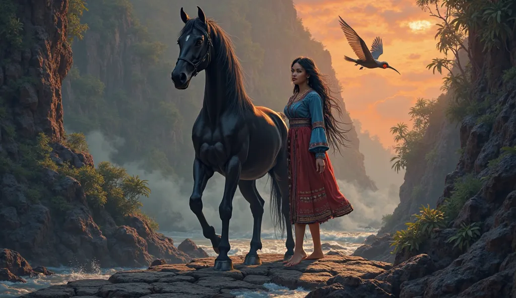 "black horse, Tula, carefully steps across the hidden bridge beneath the lava, "Princess Among" (A Malaysian woman with long black hair is wearing a long tribal-looking dress that is blue on top, has a long-sleeved dress, and a red dress on the bottom) her...