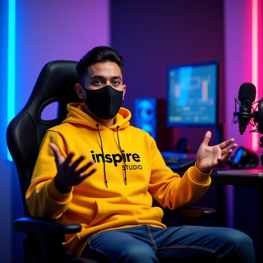 An Indian man sitting confidently on a modern gaming chair in this You Tube studio. He is wearing a bright yellow hoodie With inspire studio boldly printed on it. His face is clearly visible and expressive despite wearing a sleek black COVID-19 mask. The m...