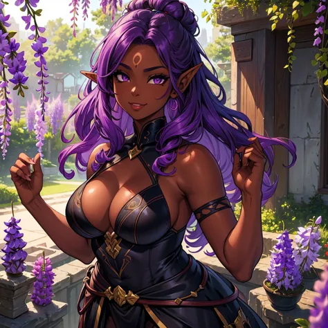 best quality,4k,8k,highres,masterpiece:1.2), ultra-detailed, mature ebony-skinned female, ethereal features, curvy full body, bright amethyst eyes. wisteria curly hair. Fae. Fae ears. fae wings. Dark skin 1.7, DarkChocolate skin 1.8. Dressed in a fighter s...