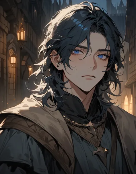 ((best quality)), ((masterpiece)), (detailed), Young man, semi realistic anime style, portrait, handsome, short black middle part hair, piercing blue eyes, calm but gloomy expression, semi modern medieval fantasy theme, Location setting in a medieval port ...