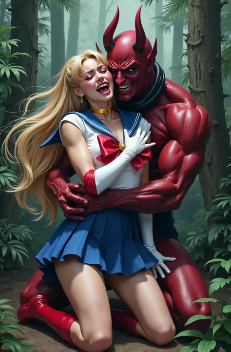 Hyperrealism, masterpiece, highest quality, A young Japanese woman is sitting on the devil lap, ((she is crying and screaming in pain)), tears from her eyes, painful face, she is wearing a Sailor Moon costume, Blue sailor collar, Blue short mini pleated sk...