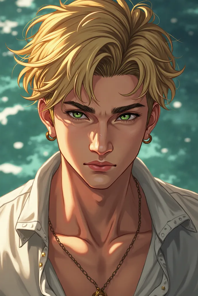 20-year-old man with serious features, subtle Greek beauty with blond hair,  slightly tanned skin, green eyes. Anime Style