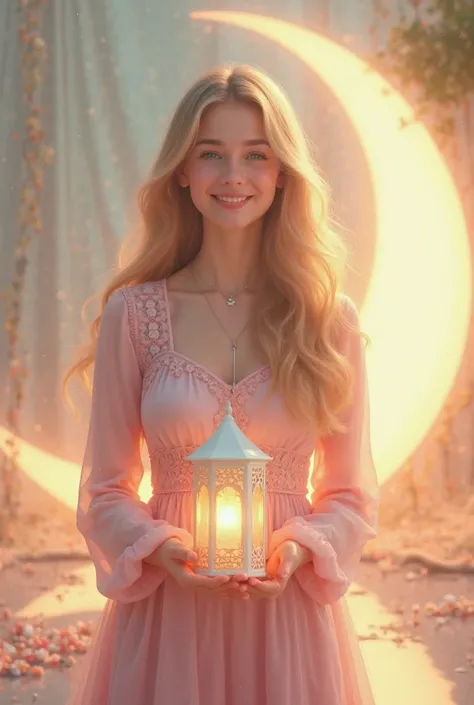 A beautiful girl with a blonde price and green eyes stands and holds a white Ramadan and a pink dress and smiles behind her is Hilal Ramadan 