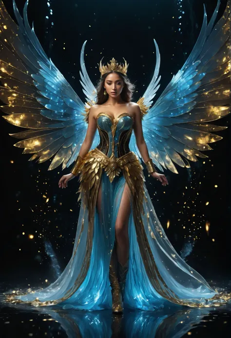  ethereal blue glow ,  sensual buxom icy fairy ,  wings made of ice ,  surrounded by translucent ,  with ice icebergs on calm, bubbling water,  remote mountain peaks ,  filigree details on wings ,  detailed couture costume ,  ornate armor belt, Crystallcor...