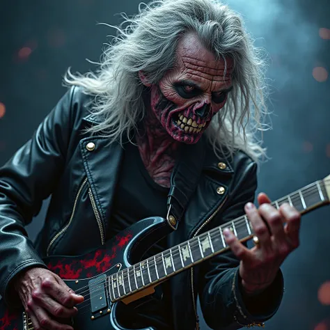 Close-up face , Eddie with long grey messy and matted hair in dynamic zombie pose ((wearing a black leather jacket with heavy metal spikes)), raiva, (((playing guitar))), Estilo Iron Maiden, Eddie do Iron Maiden. foto crua de alta qualidade, excellent comp...