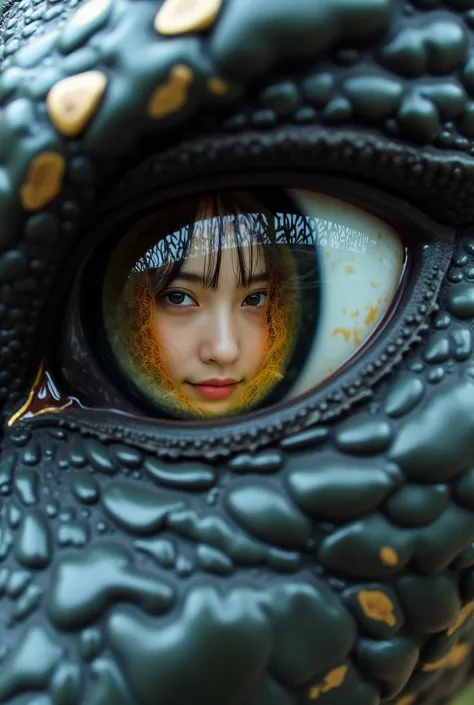 A photo of a giant dragon's eye. In his eyes, he sees a beautiful long-haired Japanese woman wearing the armor of a medieval knight. The photo shows the portrait of woman reflected in the dragon's eyes. She smiles as if talking to a dragon.midjourney_whisp...