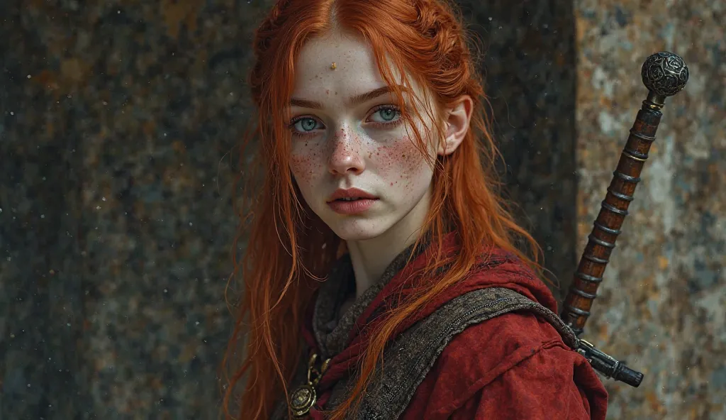 detailed full-length picture, masterpiece, best quality, ultra high resolution, visually stunning, beautiful, award-winning art (abstract art: 1.3), beautiful ))),  tired after a battle witcher 3   style   irish red heir and frecless young female mersinari...