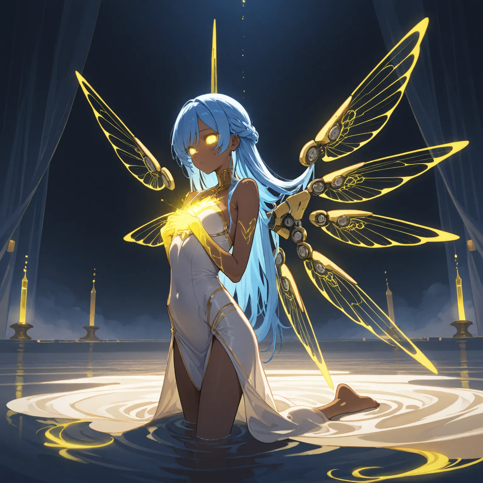 Pandora in a Cerulean Shell, Robotic Blue skinned woman, Prussian Blue Hair, Large Breast, Skinny Build, iridescent yellow glowing glass eyes, Golden Robotic Wings attached to back, hovering mid air