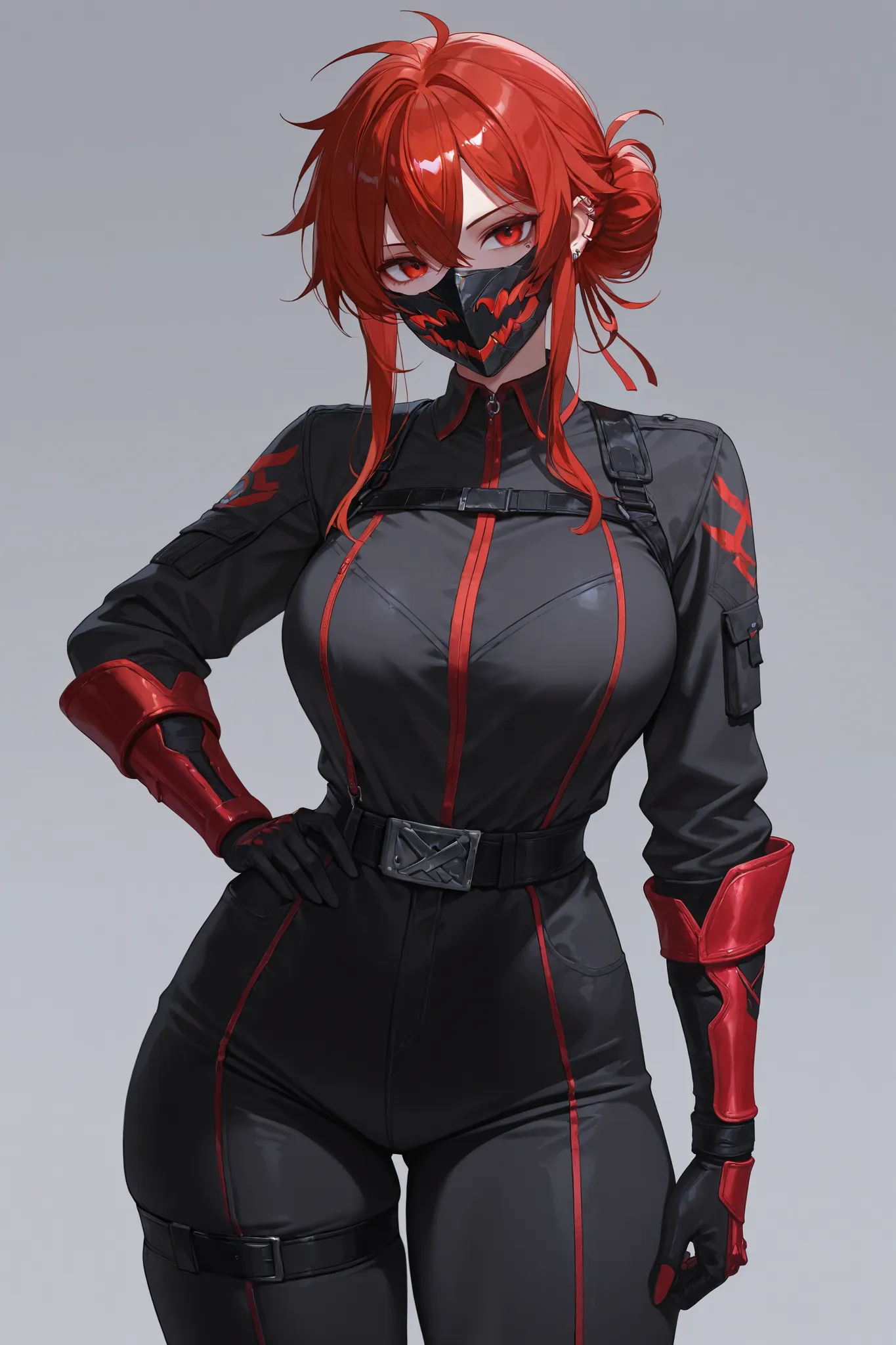  1girl ,  red hair tied, Serious, large breasts, red villain cosplay clothes,  red eyes, mask, white background