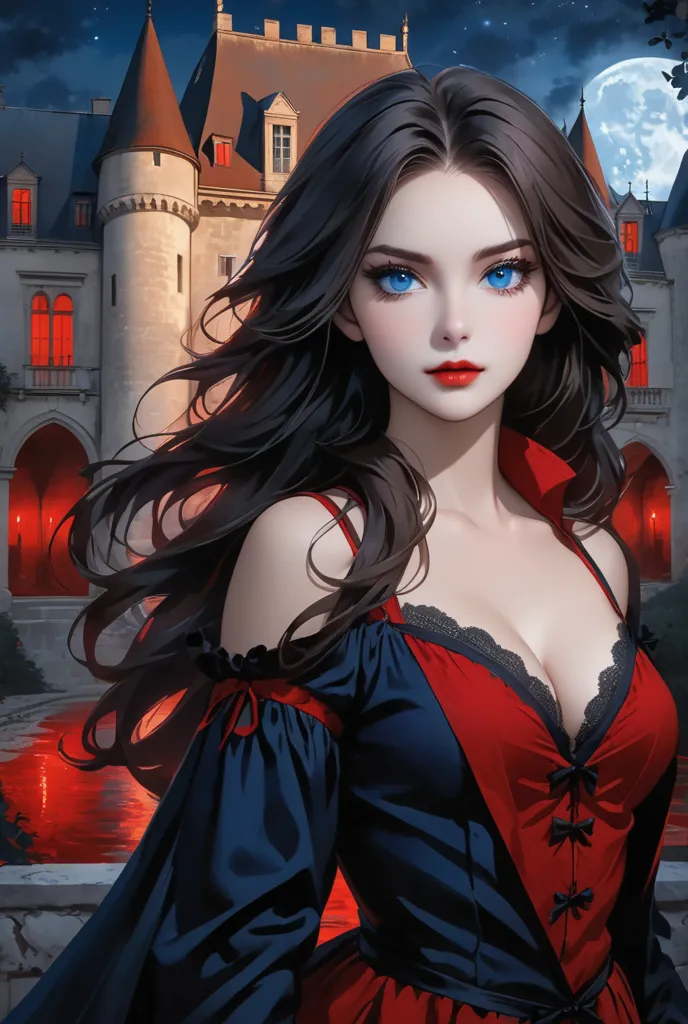 Un grand Vampire handsome ma, des yeux rouges avec un regard sombre, avec tenue en noir et une chemise rouge. Accompagné d'une Belle mage Élémentaire aux cheveux brune et long, dans une tenue sexy rouge et bleu ayant un regard de séduction. Devant le châte...