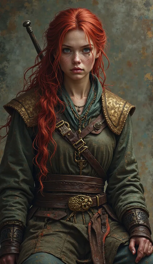 detailed full-length picture, masterpiece, best quality, ultra high resolution, visually stunning, beautiful, award-winning art (abstract art: 1.3), beautiful ))),  tired after a battle witcher 3   style   irish red heir and frecless young female mersinari...