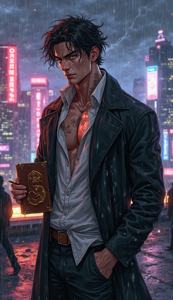 "A striking and cinematic urban scene set against the backdrop of a rain-soaked city rooftop at dusk, where neon lights flicker through a veil of mist. At the center stands a breathtakingly handsome male character—a modern-day rebel with an aura of raw cha...