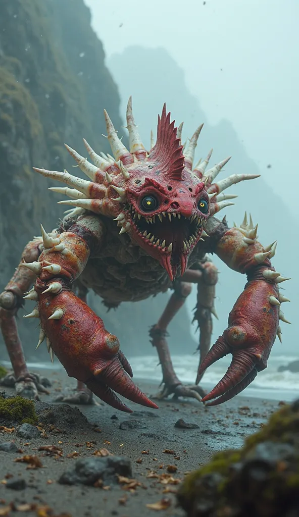 A monstrous fusion of chicken and crab, the Clawfeather Terror is a nightmarish predator lurking in the shadows of coastal ruins. Its body is covered in a mix of jagged red crab armor and patchy, ghostly white feathers, giving it an eerie, skeletal appeara...