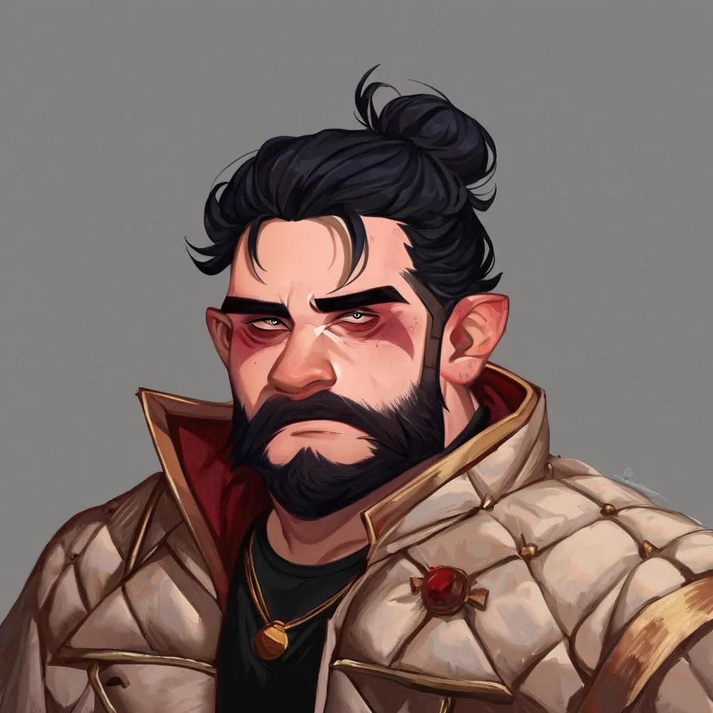 young dwarven college student, Dwarf, short stature, big nose, hipster beard, man-bun, black hair, thick winter jacket, score_9up, (1boy, solo), score_8up, male, dwarven face, dwarf proportions, dark circles under eyes, eyebags, tired, pissed-off, looking ...