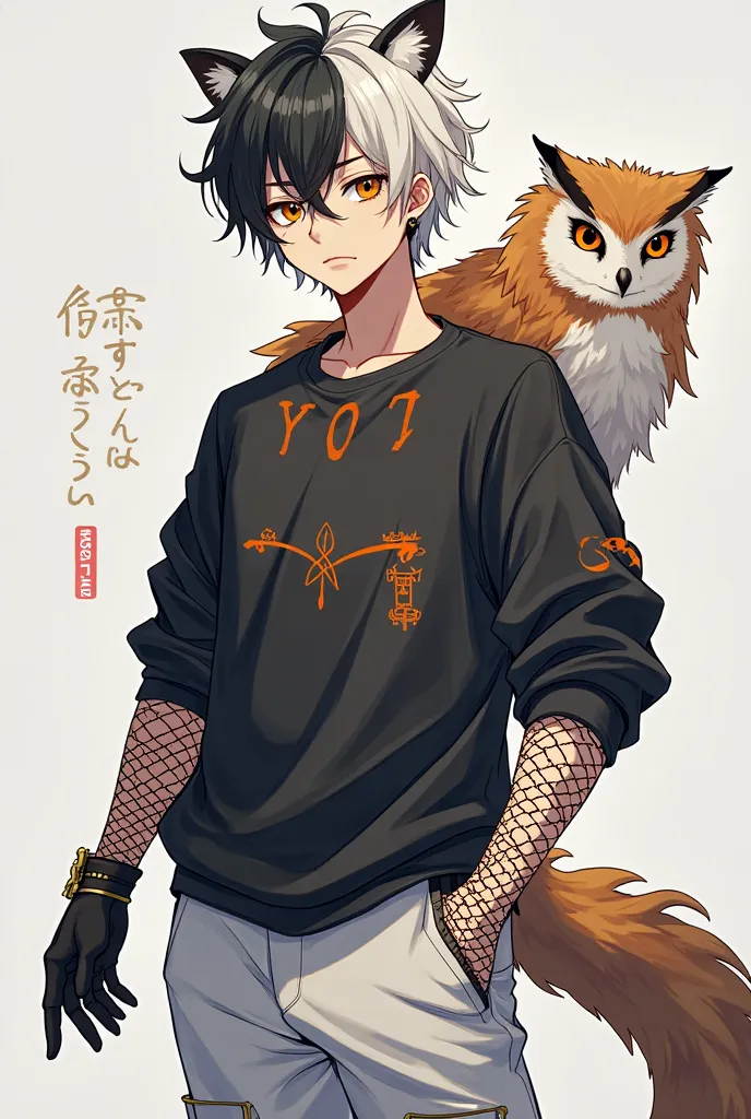 Anime style posts. A very attractive young man , But serious with half black and half white hair, With heterochromia, one eye Gray and the other Orange, under her eyes together with a black casual shirt, and a Black SWEATSHIRT with the orange sleeves and t...