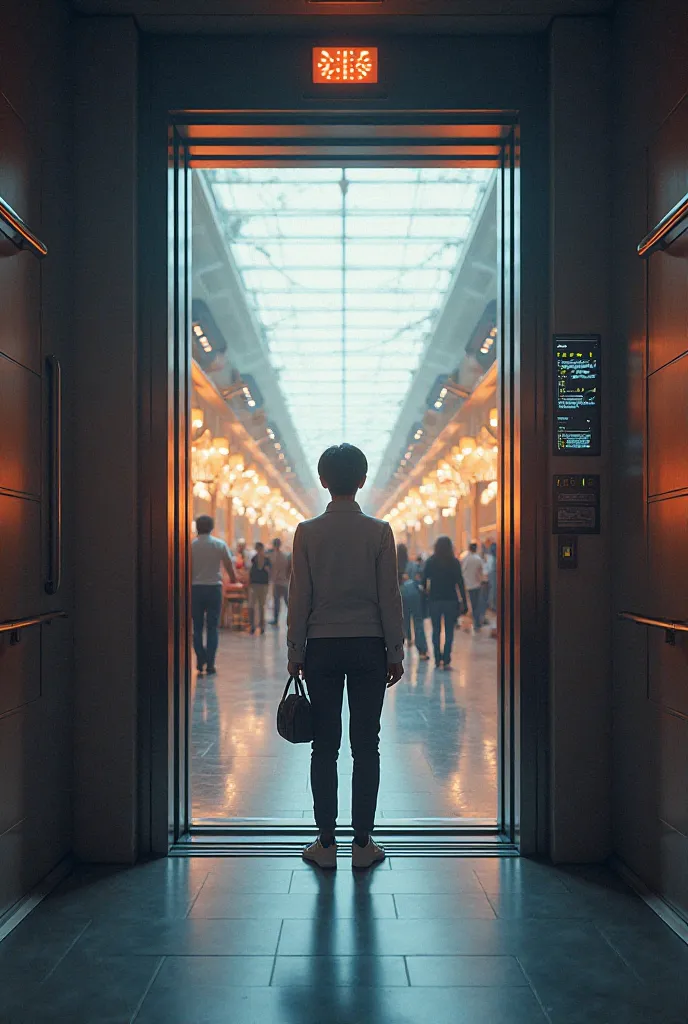 The perspective of a person inside watching an elevator open