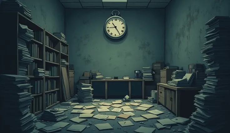 in a dark and oppressive office environment、Pile of documents、The atmosphere is tense、the clock also indicates a slow time as a symbol of long working hours。Cute Illustrations、No people