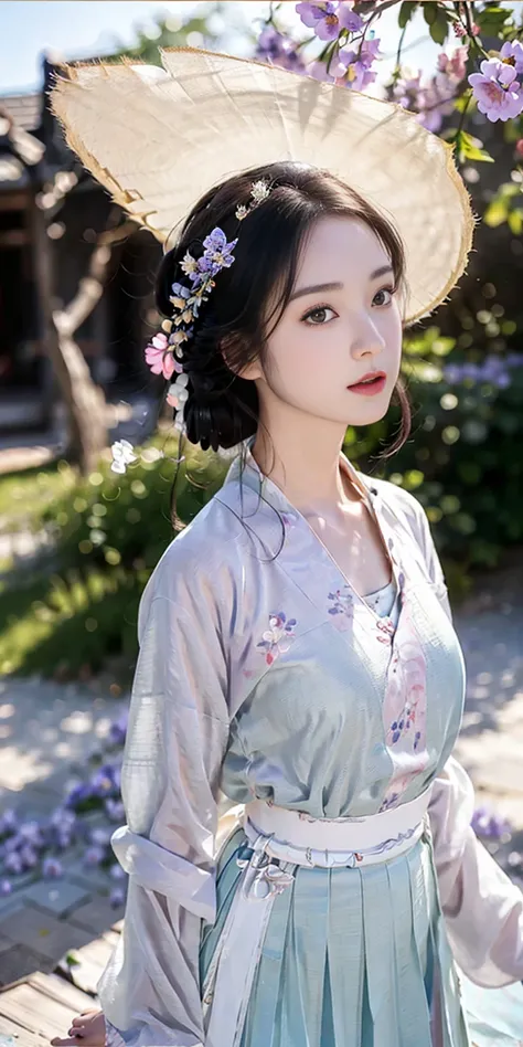 masterpiece, black_hair, 1 girl,  Watch the Audience , length_hair, Nail_polish, Alone, Ancient art , Chinese,(8k, 最high quality, masterpiece:1.2), (realistic, realistic:1.2), (Background Sky: 1.2), (face up: 1.7),  Watch the Audience , Hanfu, 1 girl, (pur...