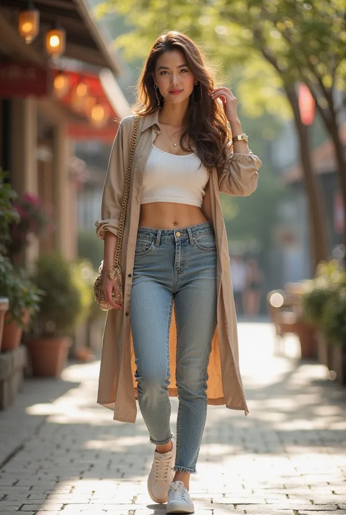 A highest-realistic full-body  of a  Vietnamese woman, standing confidently on a charming urban street, ready for a casual yet fashionable date. She has a perfectly symmetrical V-line face, sharp high cheekbones, a defined nose bridge, full lips with soft ...