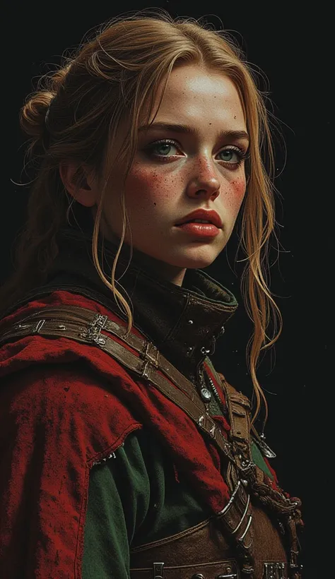 detailed full-length picture, masterpiece, best quality, ultra high resolution, visually stunning, beautiful, award-winning art (abstract art: 1.3), beautiful ))),  tired after a battle witcher 3   style   irish red heir and frecless young female mersinari...