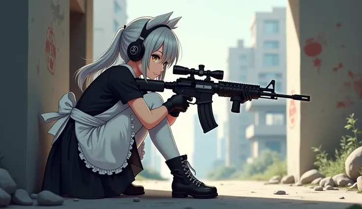  Anime style, girl, housemaid, in tactical headphones, with a sniper rifle,  white stockings, white bows , full length, black boots, white laces ,  ash hair, shoots to the side, за ней стоит girl,girl,  realistically  ,  ash hair, golden eyes, careless tai...