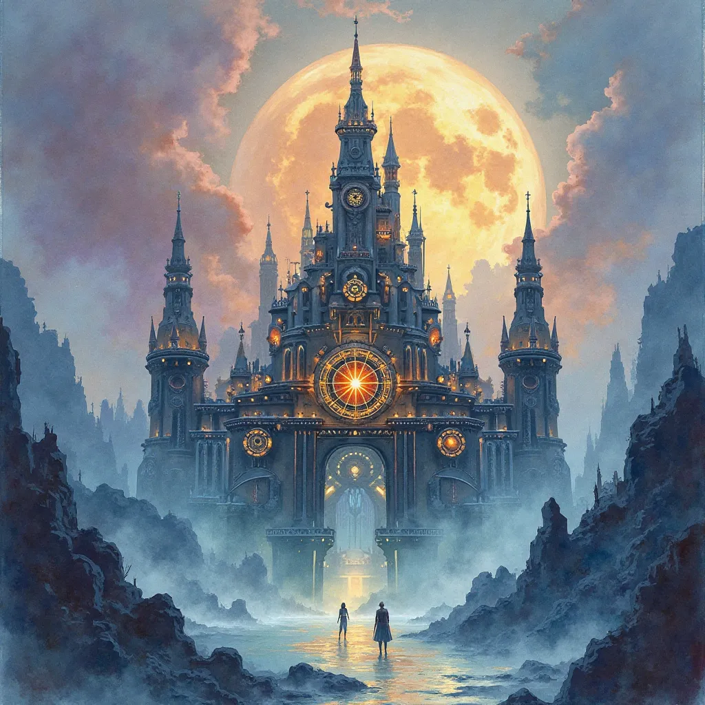 Water color, castles, steampunk, absolute circle. 