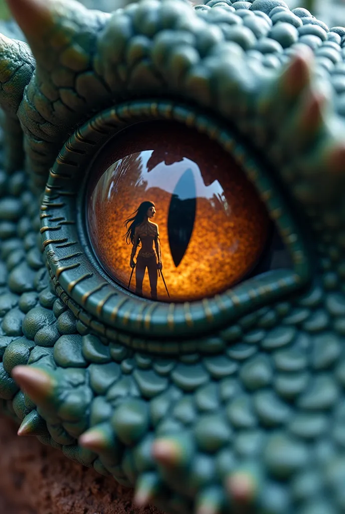 A photo of a giant dragon's eye. In his eyes, he sees a beautiful long-haired Japanese woman wearing the armor of a medieval knight.  She smiles as if talking to a dragon.midjourney_whisper_innocent_eyes, 