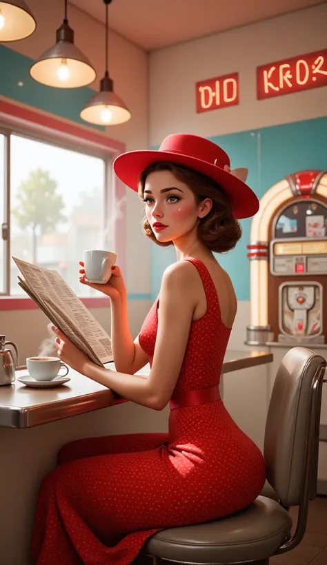 A vintage diner scene featuring a woman in a red polka dot dress and matching hat, sitting at a counter. She holds a cup of coffee in one hand and a newspaper in the other, exuding a retro charm. The diner is decorated with pastel colors, nostalgic signage...