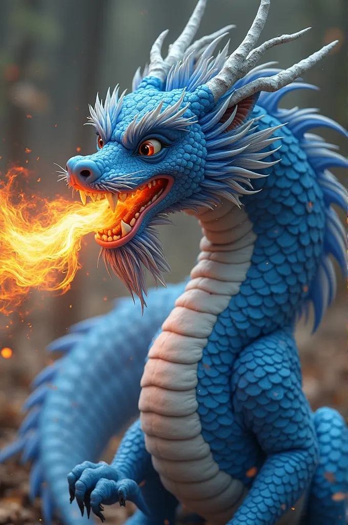 Blue dragon dog breathing fire 