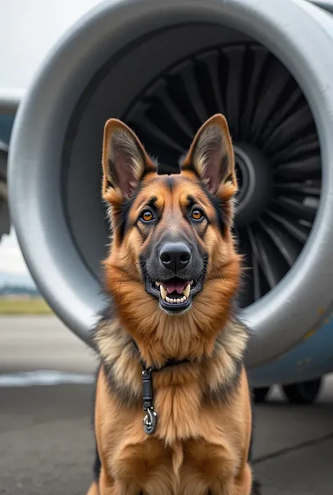 The Dog**: A medium-sized, athletic dog (perhaps a German Shepherd or Border Collie) stands confidently near the jet's engine. Its fur is slightly ruffled by the wind, and its eyes are focused and determined, reflecting intelligence and bravery. The dog mi...