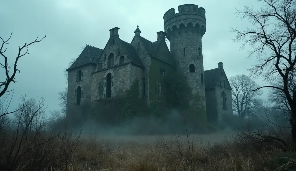 Cinematic still shot, wide-angle, slightly low angle.
A hauntingly beautiful abandoned European castle stands under a gray, overcast sky. Its crumbling stone walls are covered in creeping ivy, and broken windows gape like empty eye sockets. The castle’s to...