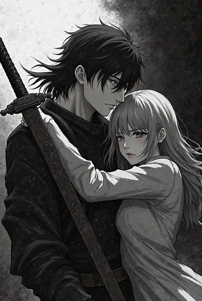 Create a black and white image of a male protecting female in anime with a sword in the  left hand