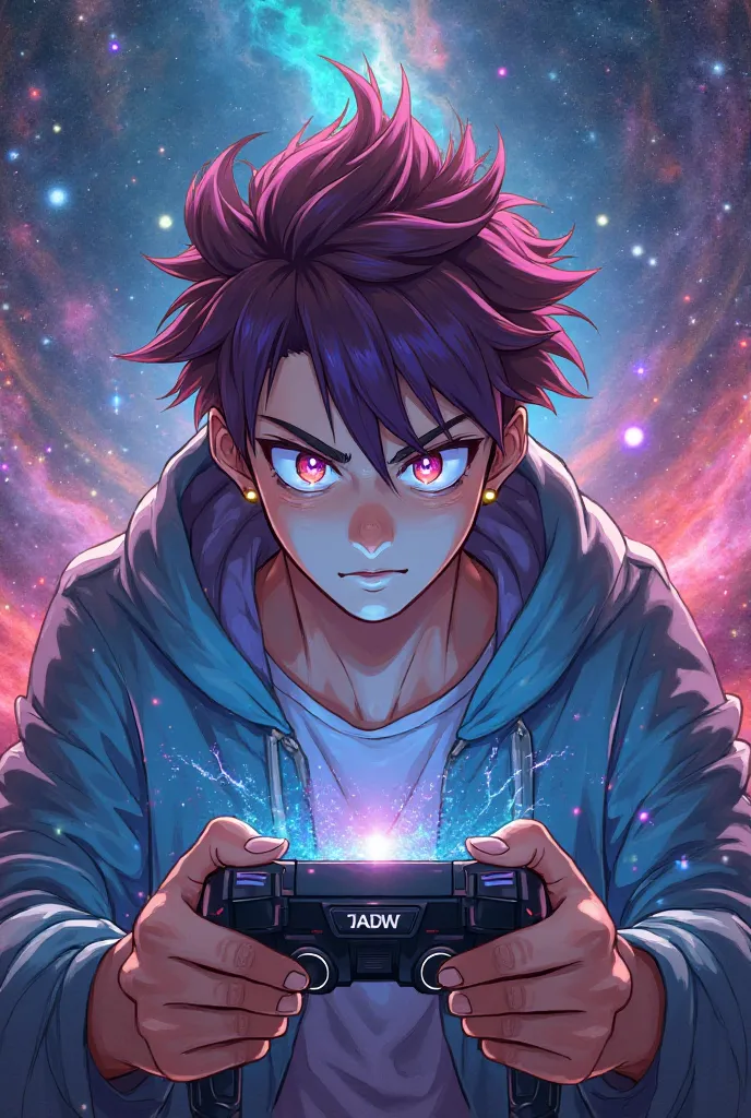 Create an anime-like male gamer character in the background galaxy