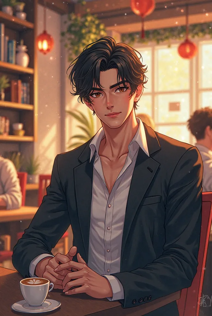 anime tall handsome male inside a cafe. birthday illustration. 