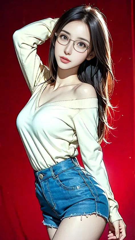 (realistic pictures),(Highest quality)、((８ｋ images)),Alone, Japanese woman with black-rimmed glasses、 (Good looking),very cute,   Charming Eyes,(( Gentle and Gentle Smiles )),brunette long straight hair、((Airy Mash Hair)),(big breasts:1.3),(胸の谷間:1.2),(thin...