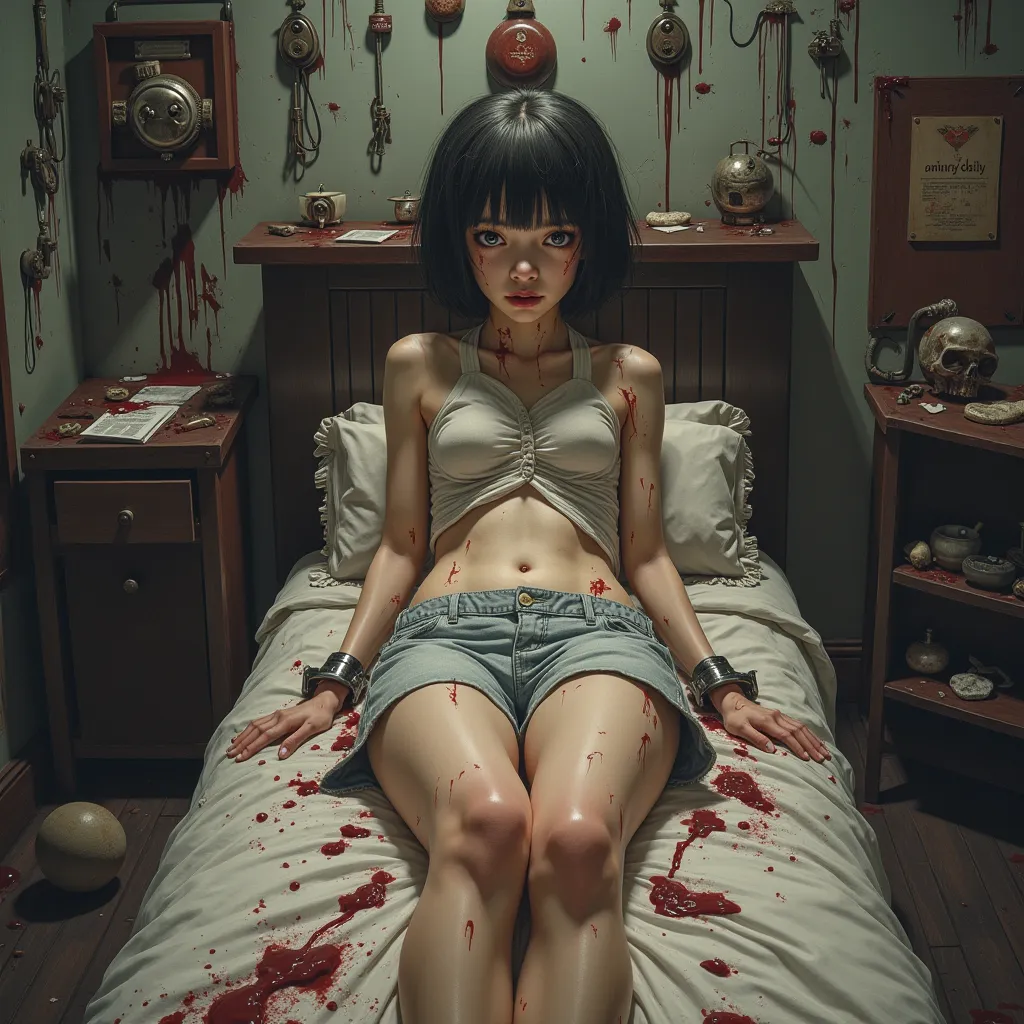 A torture room decorated with torture instruments、 beautiful Japanese girl、(Humiliating my daughter)、scream、(frightened girl)、hello、(Dim lighting)、MERCILESS、Disorder、unusual composition、(Grab a girl and strip her naked)、 masterpiece best quality、baby face、...