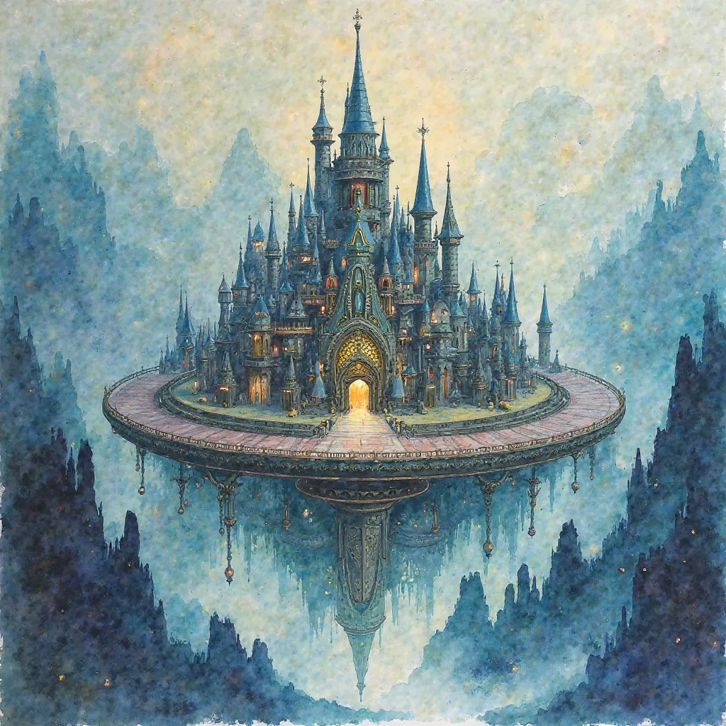 Water color, castles, steampunk, absolute circle. 