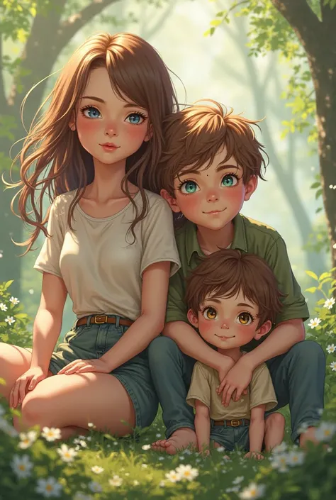 A tall girl with long brown hair and blue eyes. Next to her a  with fairly long brown hair and green eyes. Close to them a short boy with brown hair and a bit blond with brown eyes.