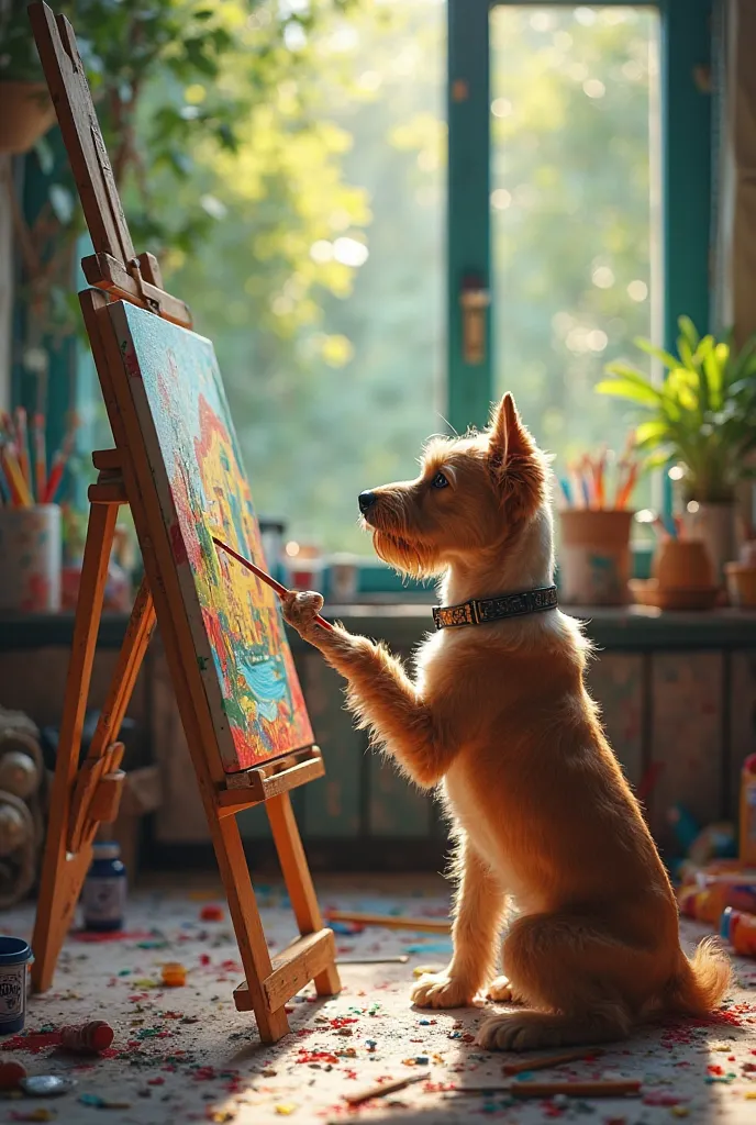 A dog is painting,standing in a colorful art studio,There are various painting tools and materials scattered around,Outside the window you can see the green forest。Dog expression focus,Hold brush,creating an abstract painting。high quality,4K,Photoreal,Supe...